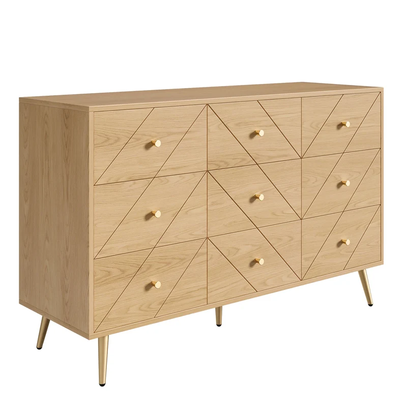 Buffet effet bois motif géométrique et 9 tiroirs accent doré COPAL