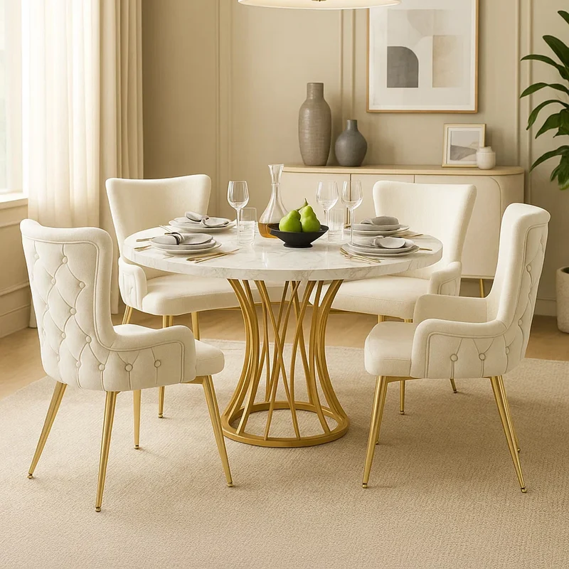 Ensemble de salle à manger de style scandinave avec une table à manger effet marbre blanc et des chaises rembourrées en velours beige KROGZEX GOLD+CRORQREONS BEIGE G*2
