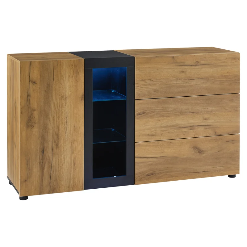 Buffet effet bois avec vitrine éclairage LED 3 tiroirs GHURGAX