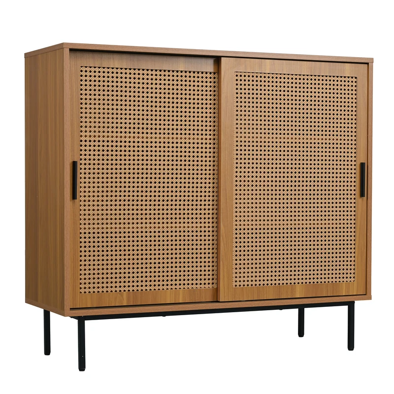 Buffet effet bois 2 portes coulissantes en rotin L100/H90/P37cm VISIENS