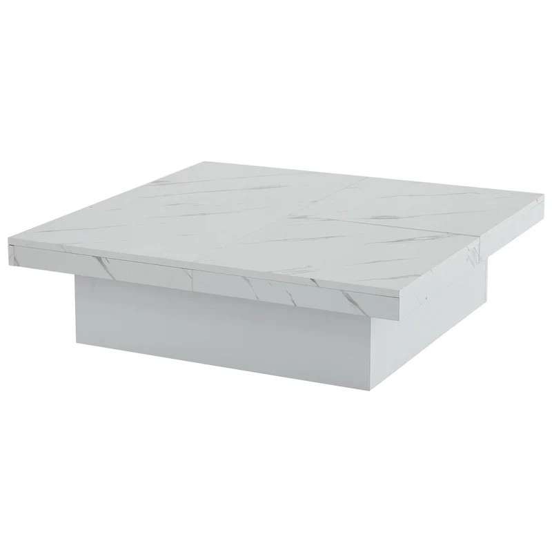 Table basse carrée moderne blanche effet marbre 4 tiroirs plateau coulissant 90x90x25cm KHEKRIED