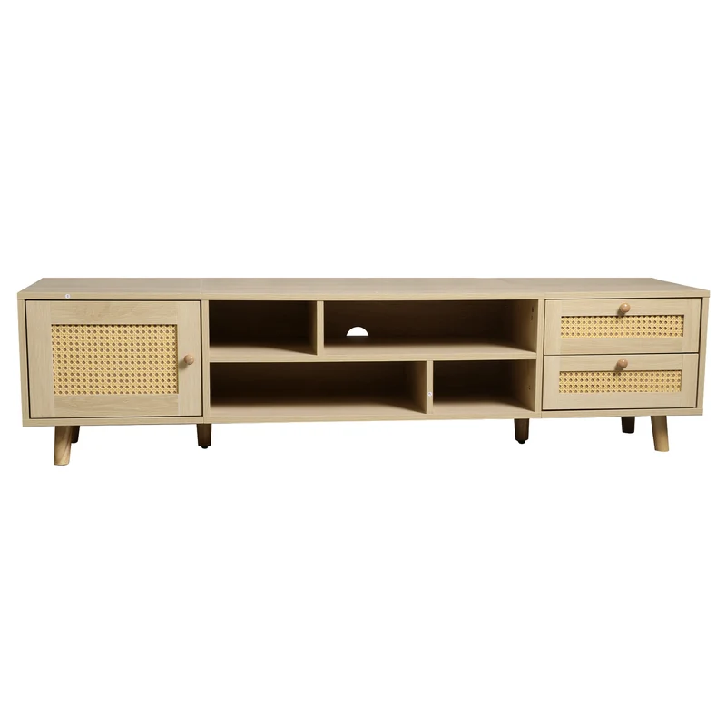 Meuble TV effet bois et rotin avec 2 tiroirs 1 porte et niches de rangement ANIL