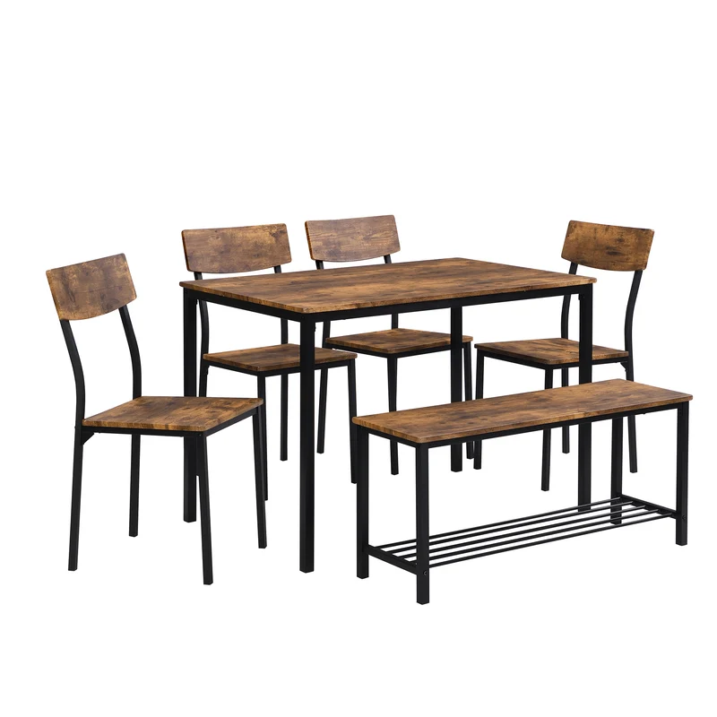 Ensemble de table et 4 chaises avec un banc et son grillage pour rangement industriel effet bois QUSCUKS