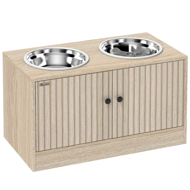 Capering Station d'alimentation pour grands chiens 60x30x35,5 cm – Bois chêne, 2 gamelles inox, rangement intégré