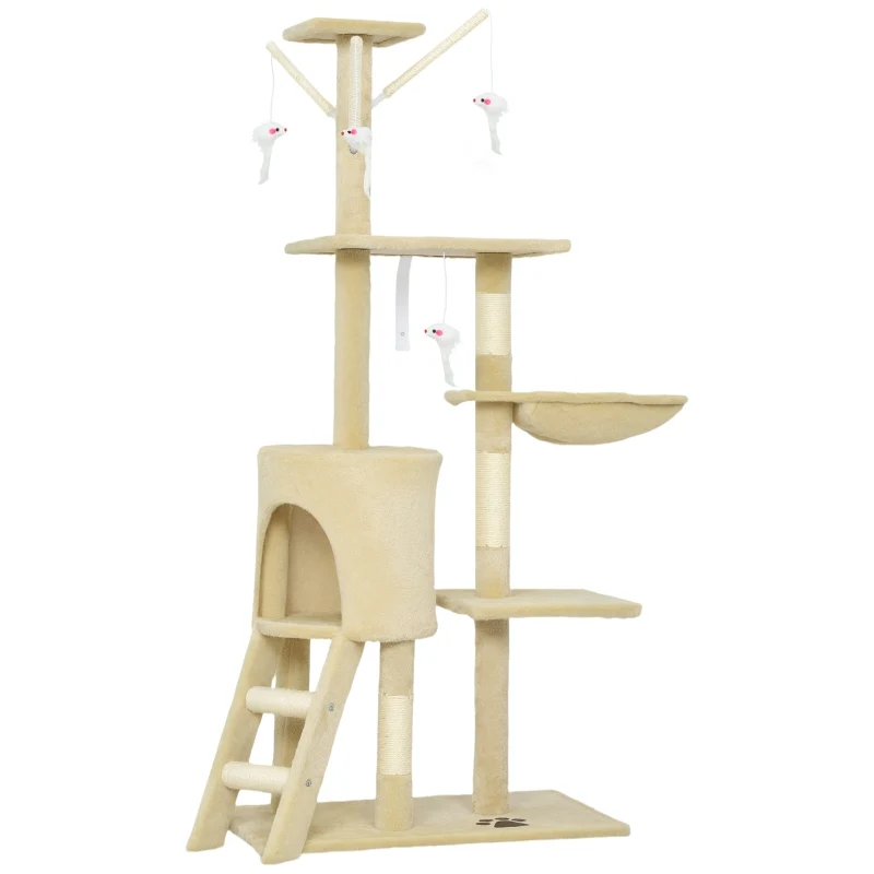 Visitandine Arbre à chat 134 cm Beige avec griffoirs sisal, grande plateforme, jouets, niche, pour chats <5kg