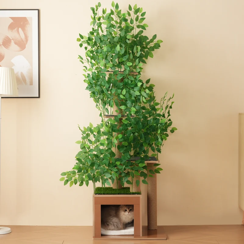 Arbre à chat plant vert, feuilles amovibles 4 plateformes stable et étanche, 190 cm MIRE