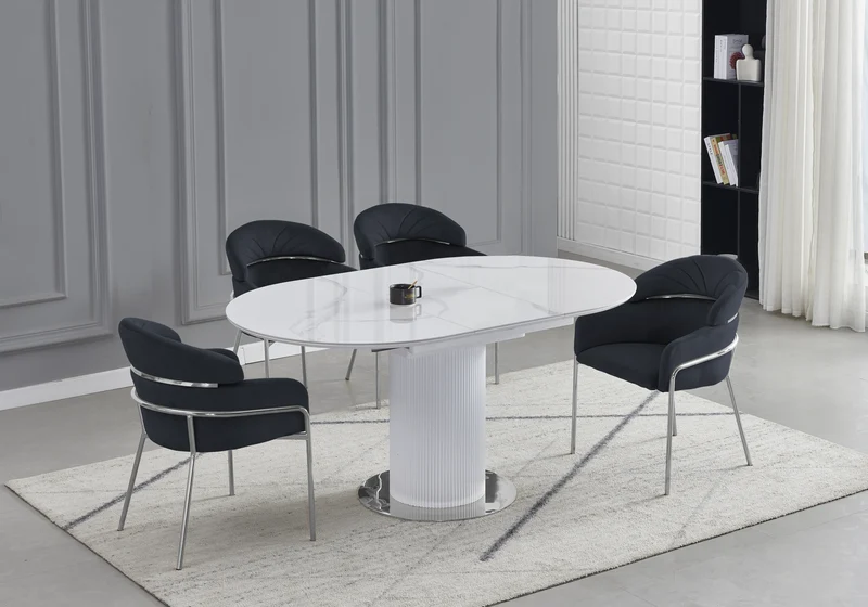 Ensemble table marbre blanc et 4 chaises noires - Leon