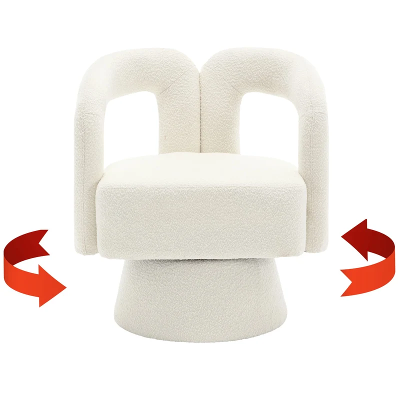 Fauteuil rond pivotant 360° en bouclette beige, design moderne 67x55x74cm FABRIC CUSHION