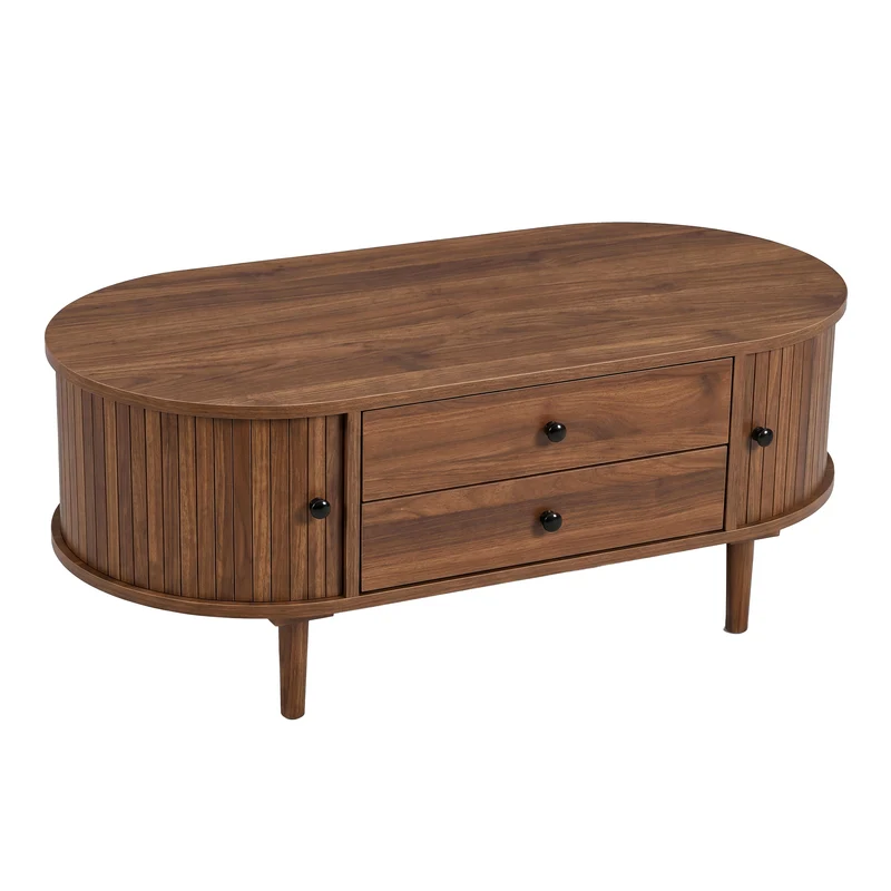Table basse ovale effet noyer style rétro 2 tiroirs, portes coulissantes rainurées FABRIC ARMOIRE