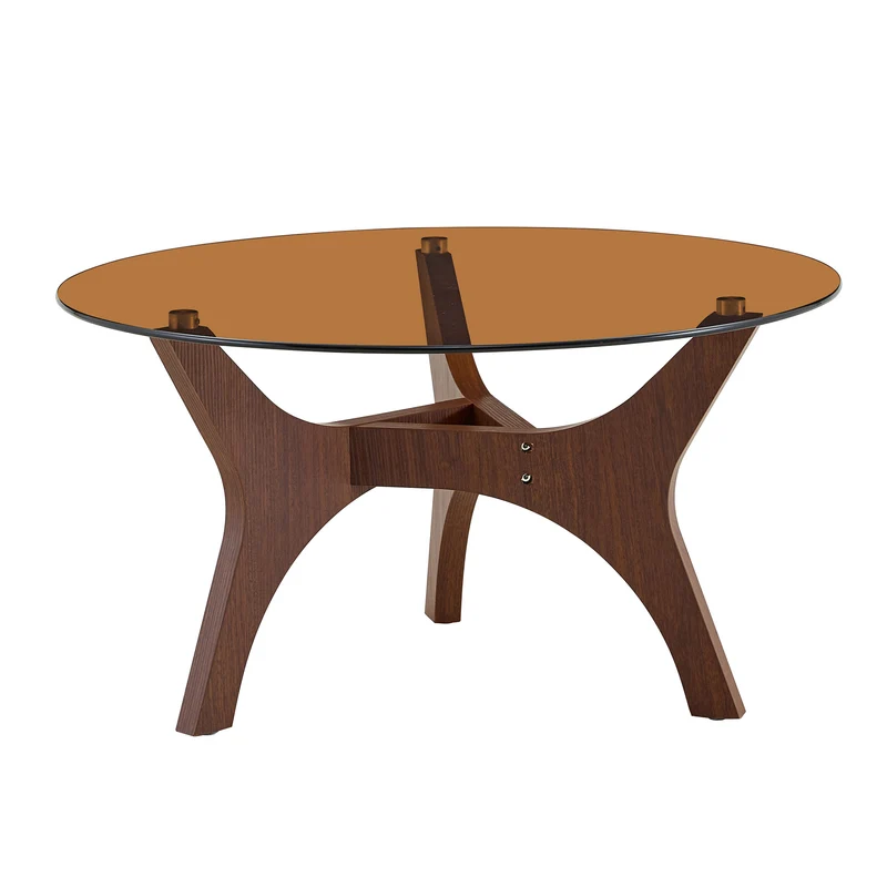 Table basse ronde en verre teinté ambré et bois noyer 80x 80x42,2cm CLASSICONE