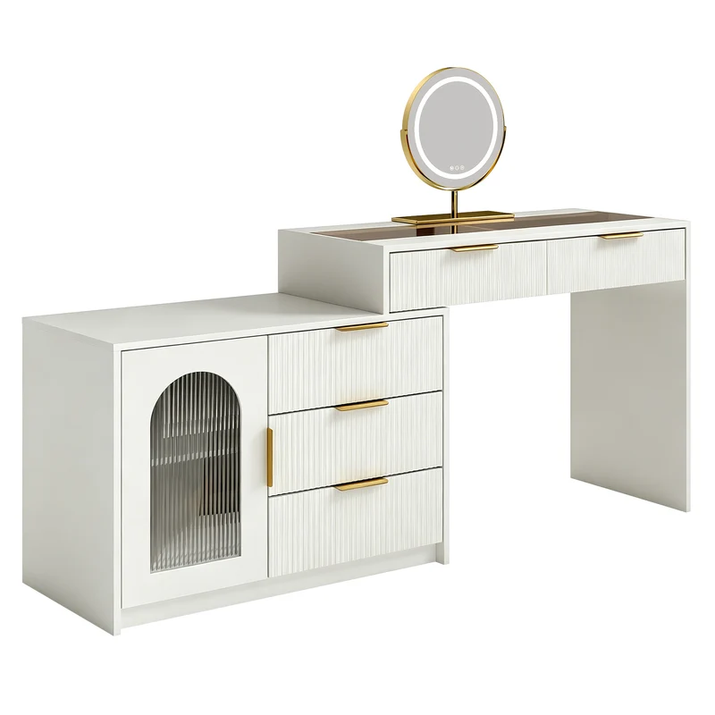 Coiffeuse blanche moderne extensible design ondulé avec plateau en verre, miroir LED 90-160cm CLASSICARMOIRE
