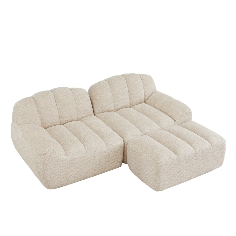 Canapé modulaire 2 places beige blanc avec pouf (effet méridienne), tissu polaire capitonné, sans montage prêt à l'emploi CHESTWALNUT