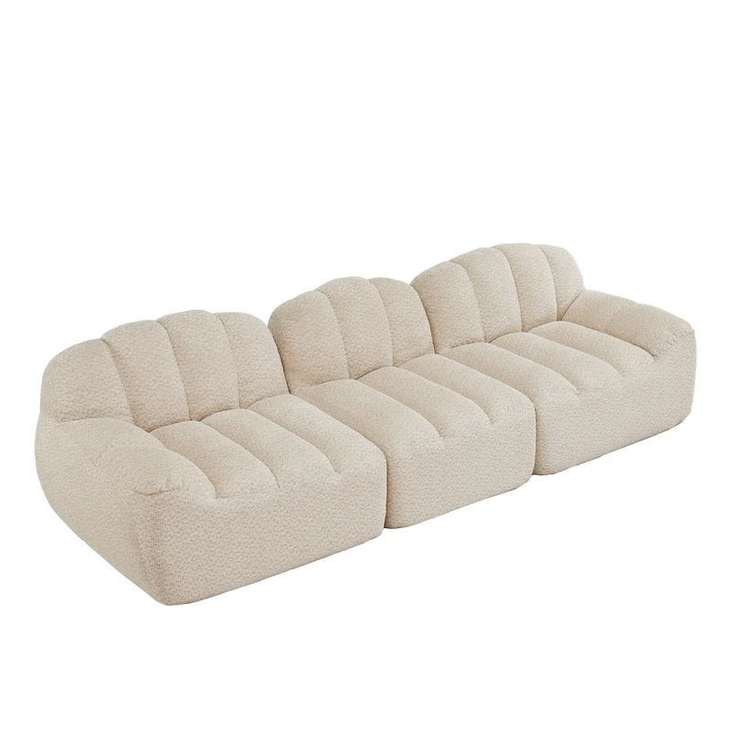 Canapé modulaire 3 places beige blanc avec pouf, tissu polaire capitonné, sans montage prêt à l'emploi CHESTSPACE