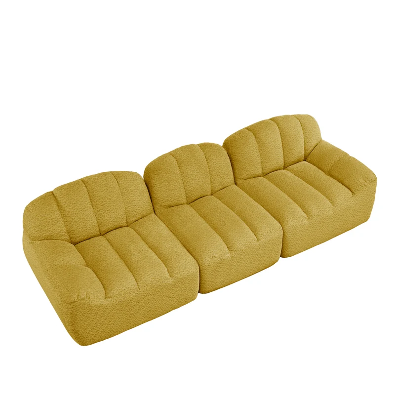 Canapé modulaire 3 places jaune moutard avec pouf, tissu polaire capitonné, sans montage prêt à l'emploi CHESTRATTAN