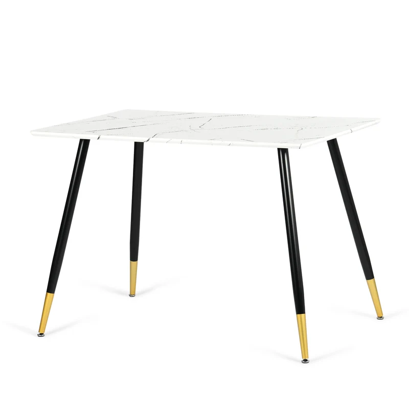 Table de salle à manger rectangulaire effet marbre blanc de style scandinave pieds points dorés 110x70cm WHALEN MARBLE TABLE BG