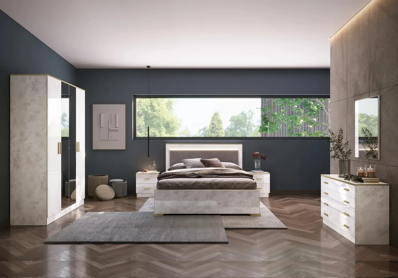 Chambre complète marbre laqué lit capitonné LED – NOEMI