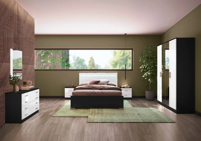 Chambre complète noir et blanc laqué LED moderne – NOEMI