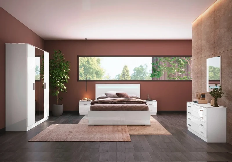 Chambre complète blanc laqué LED rangements design - NOEMI