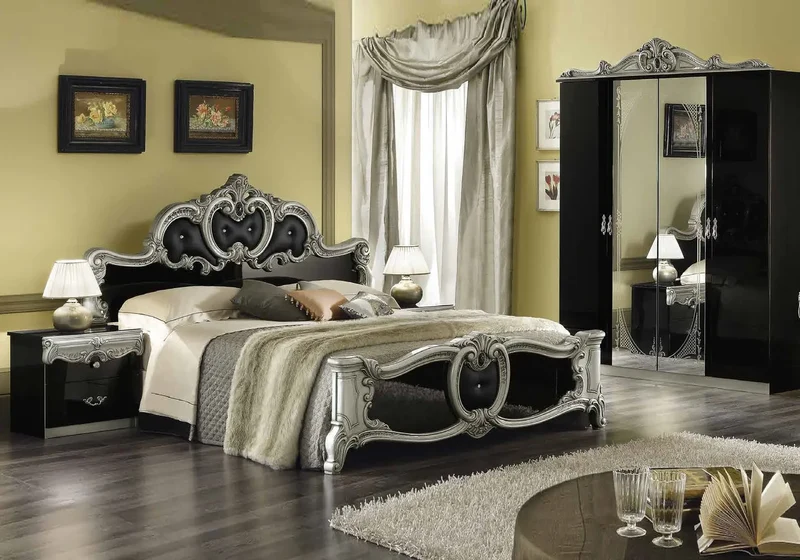 Chambre complète baroque capitonnée noir argent - KONE