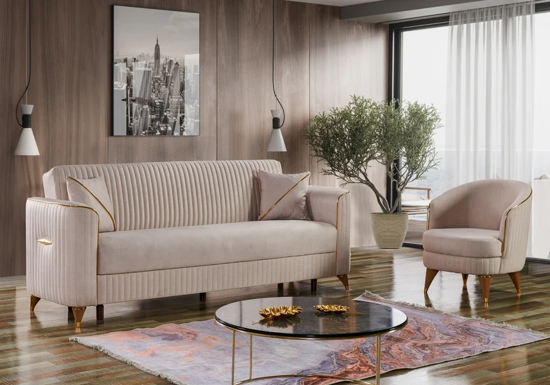 Ensemble canapés 3+2+1 beige avec lit et coffre – ZEBRA