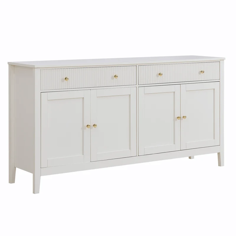 Buffet blanc 2 tiroirs à façades rainurées, 4 portes et poignées dorées 160x40x82cm CLASSICBARSET