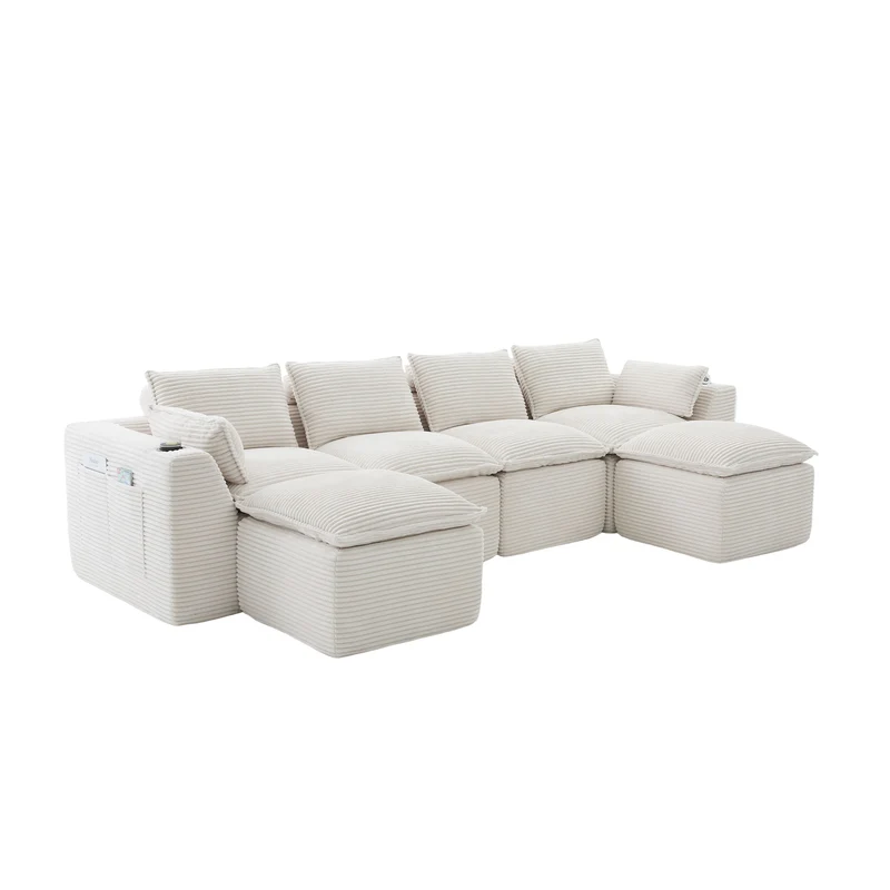 Canapé modulable 4 places avec 2 poufs et coussins Velours côtelé beige, poches latérales et porte-gobelet BENCHPURE