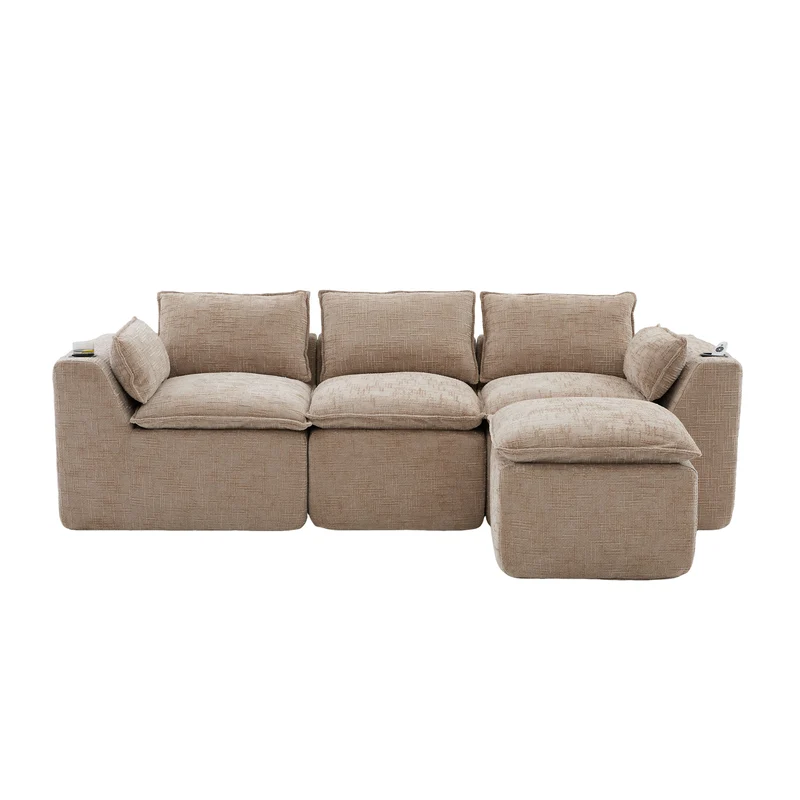 Canapé modulable 3 places avec pouf et coussins tissu chenille kaki, poches latérales et porte-gobelet BENCHPRIME