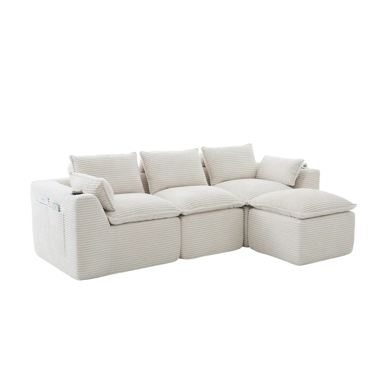 Canapé modulable 3 places avec pouf et coussins tissu chenille beige, poches latérales et porte-gobelet BENCHPOINT