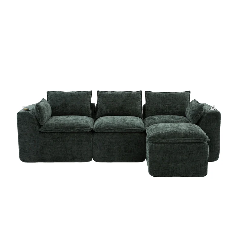 Canapé modulable 3 places avec pouf, tissu chenille vert foncé, coussins inclus, poches latérales et porte-gobelet BENCHPRO