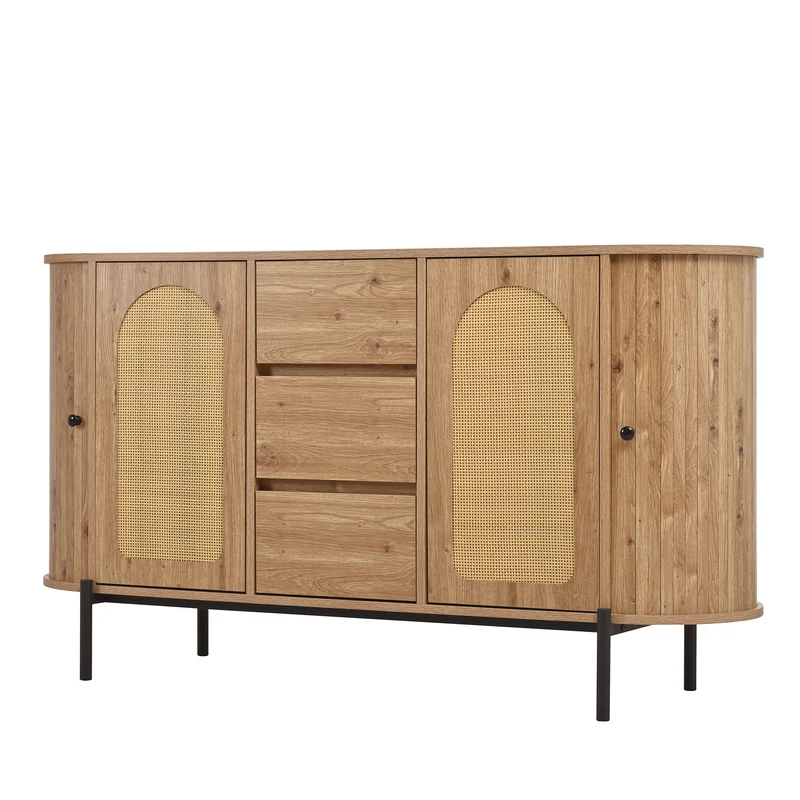 Buffet effet bois 2 portes en rotin et 3 tiroirs 140x 38x77,5cm BIRCHONE