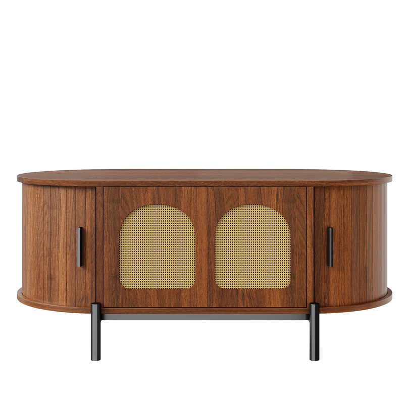 Table basse ovale effet noyer portes en rotin, pieds métal noir 100x50cm BIRCHMAX