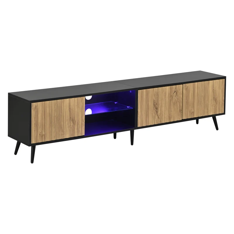 Meuble TV effet bois et noir avec LED 3 portes, 6 pieds BIRCHPLUS