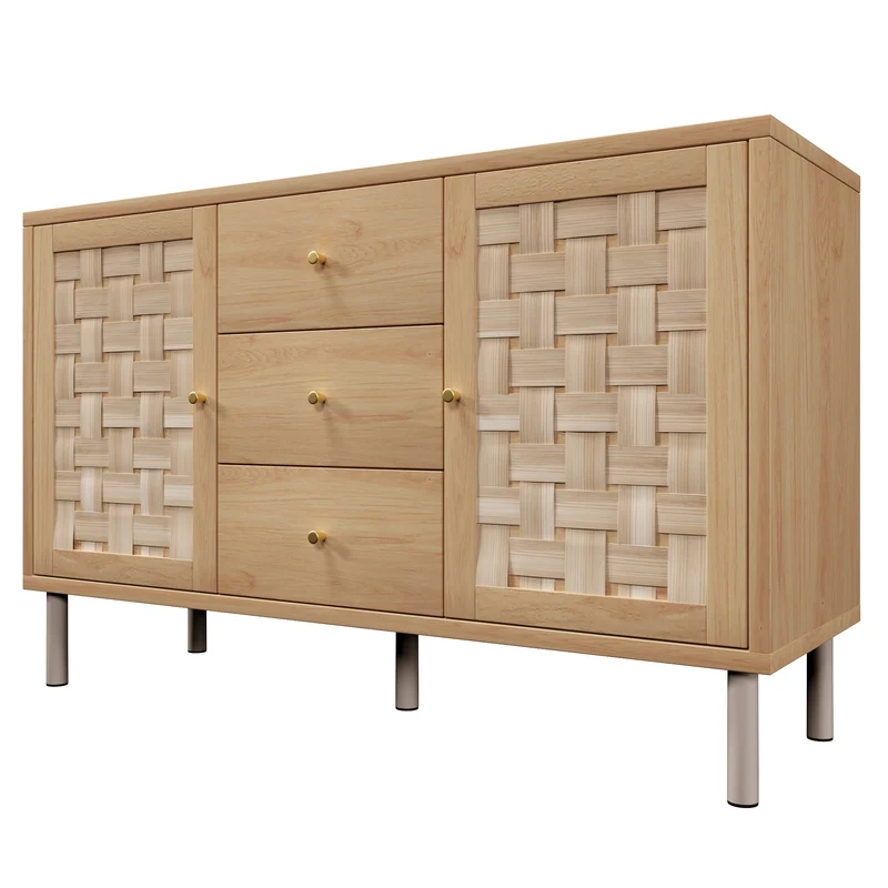 Buffet effet bois chêne 2 portes tressées 3 tiroirs 120x40x75cm BOOKCASEAIR