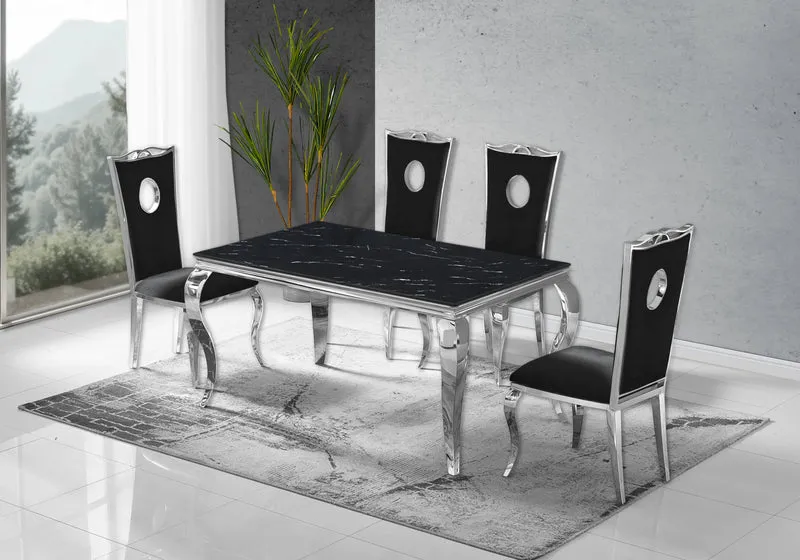 Ensemble table marbre noir et 4 chaises argent – Neo