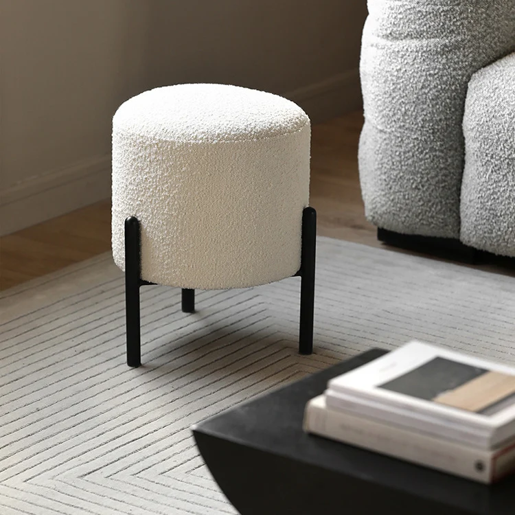 Contemporary Scandinavian Sherpa Fabric Iron Round Cylindrical Low Stool For Living Room