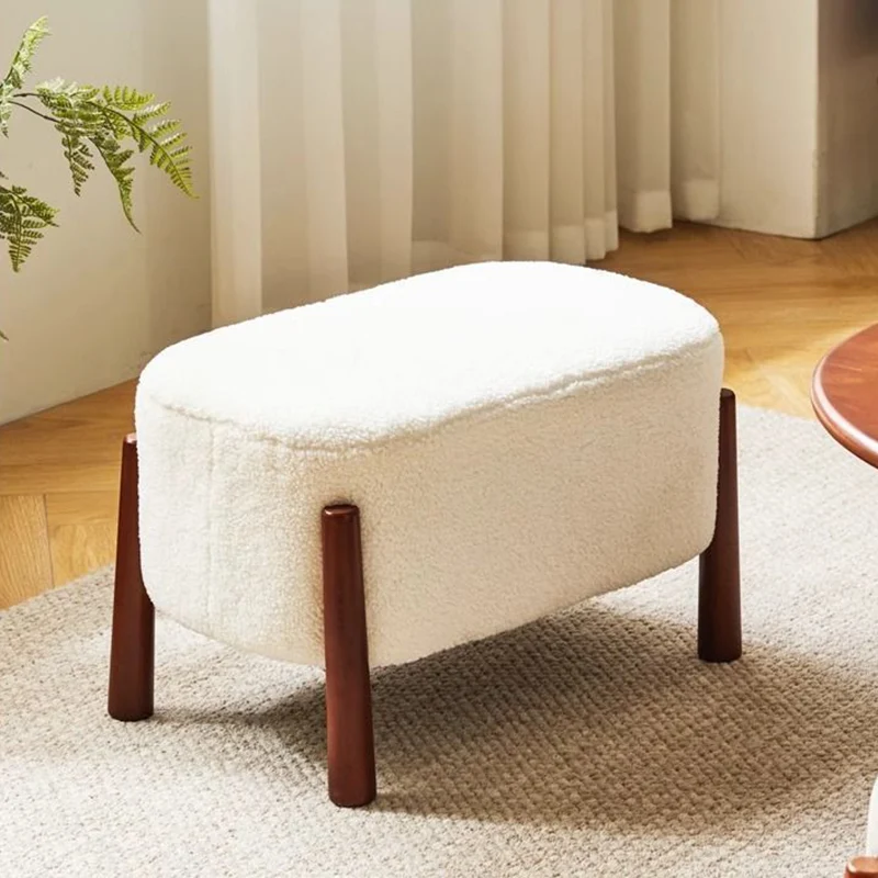 Modern Minimalist Oval Rubberwood Corduroy Teddy Fleece Faux Mink Fur Yarn Sponge Low Stool Backless Armless For Hallway