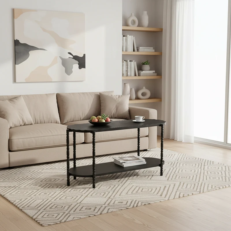 Traditional Vintage Oval Round Iron Medium Density Fiberboard End Table 1/2-Tier 3/5-Leg For Living Room