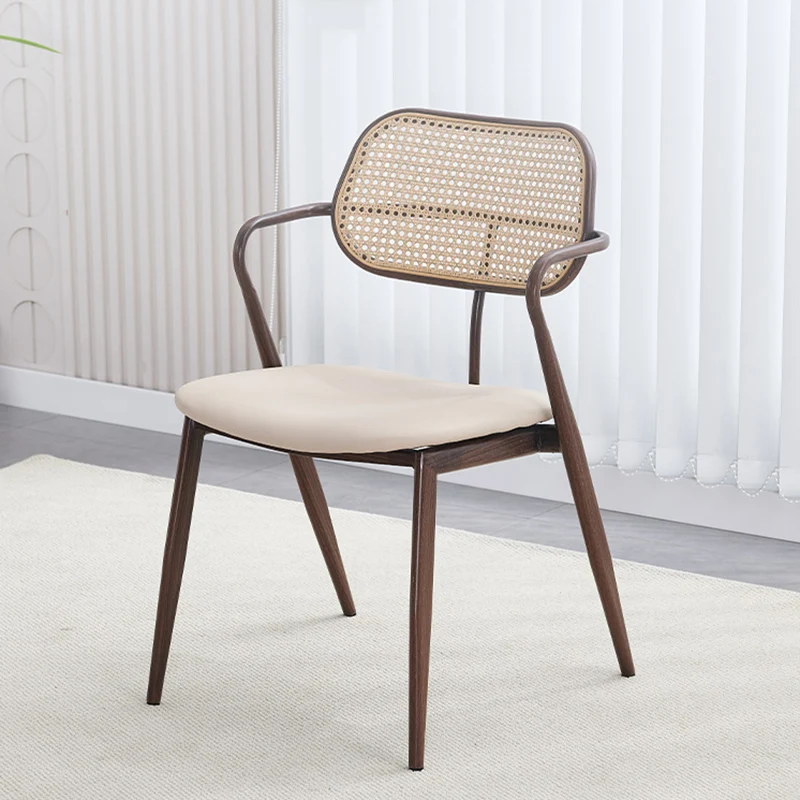 Contemporary Nordic Oval Iron Faux Leather Sponge Plastic Rattan Weaving Dining Chair Backrest Armrest For Dining Room