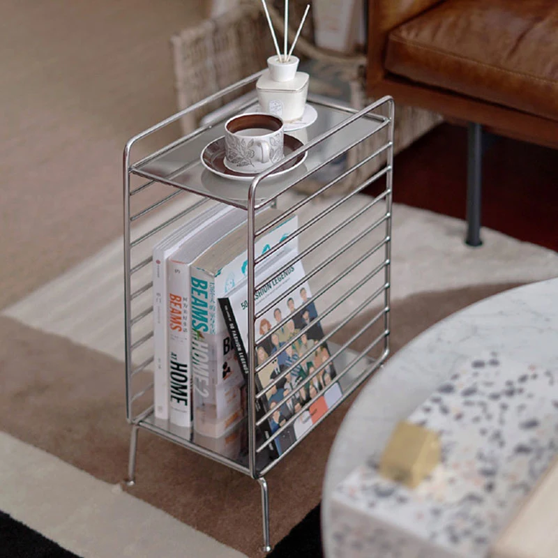 Modern Minimalist Lines Rectangular Stainless Steel End Table 2-Tier For Living Room