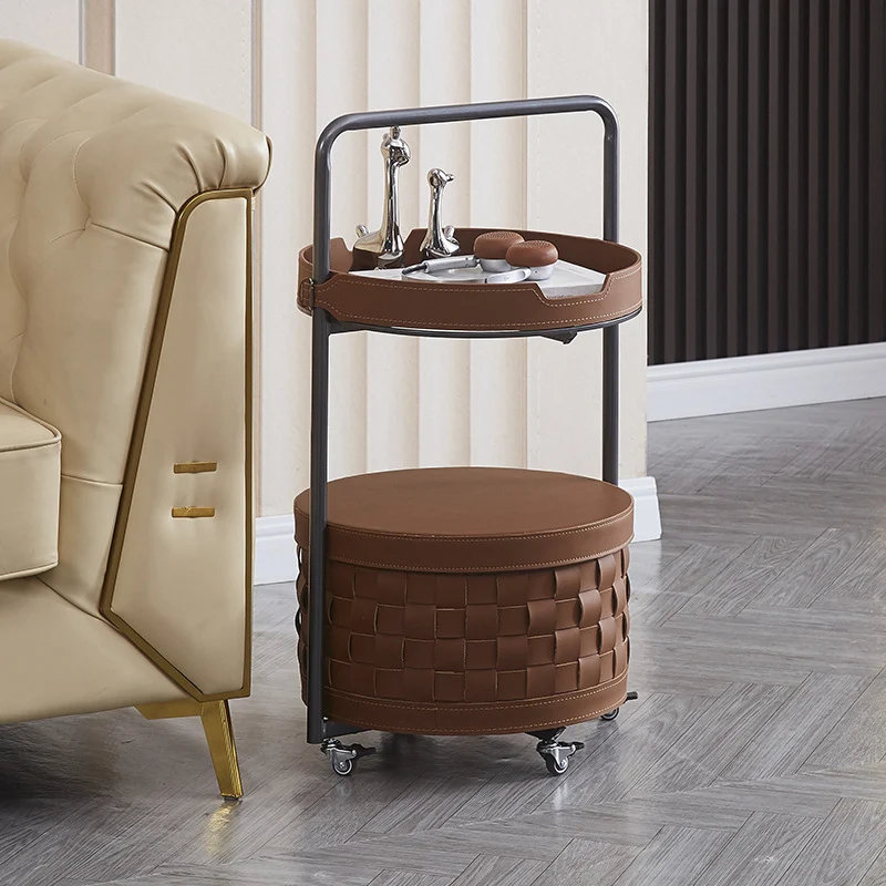 Contemporary Luxury Round Lantern Carbon Steel Saddle-Style Faux Leather Movable End Table 2-Tier For Living Room