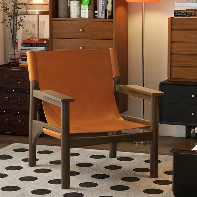 Modern Mid-century Saddle-Style Faux Leather Ash Wood Rectangular Accent Chair Backrest Armrest For Living Room
