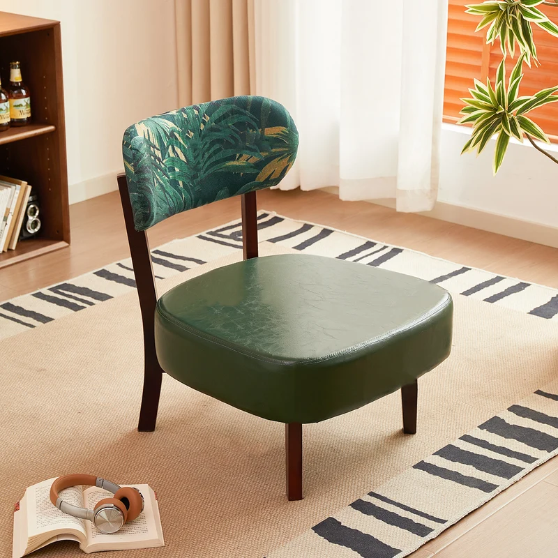 Traditional French Rectangular Cotton-Linen Fabric Faux Oiled Leather Solid Wood Accent Chair Backrest Armless For Living Room