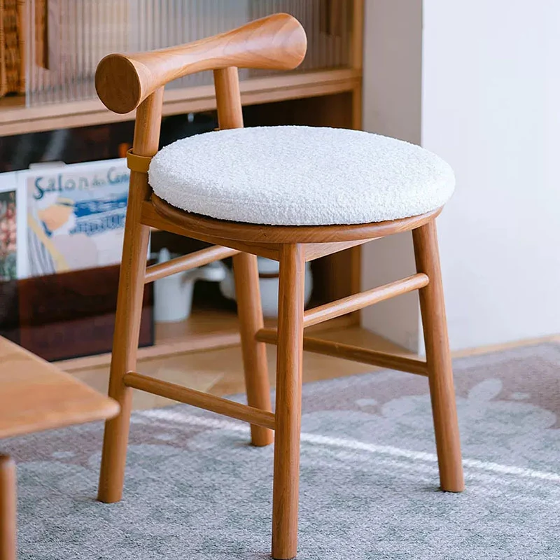 Contemporary Scandinavian Curved Bow Sherpa Fabric Rubberwood Vanity Stool Backrest Armless For Bedroom