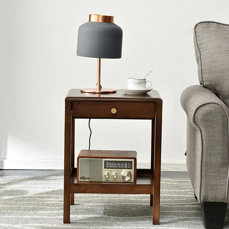 Modern Minimalist Rectangular Rubberwood End Table 2-Tier 1-Drawer For Living Room