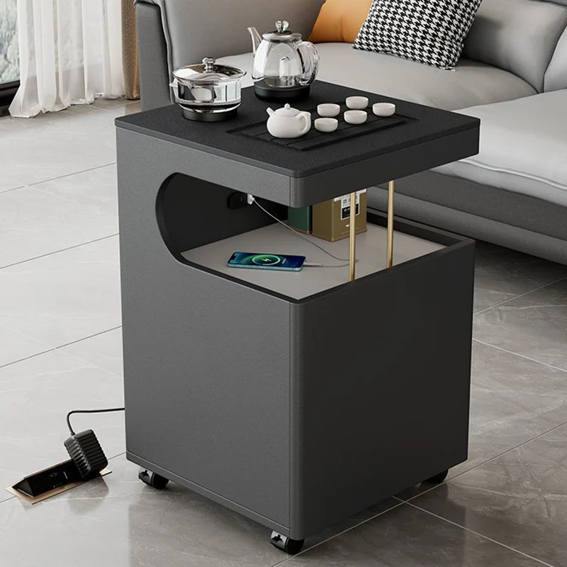 Modern Minimalist Plywood Basalt Turquoise Square Movable End Table 2-Tier For Living Room