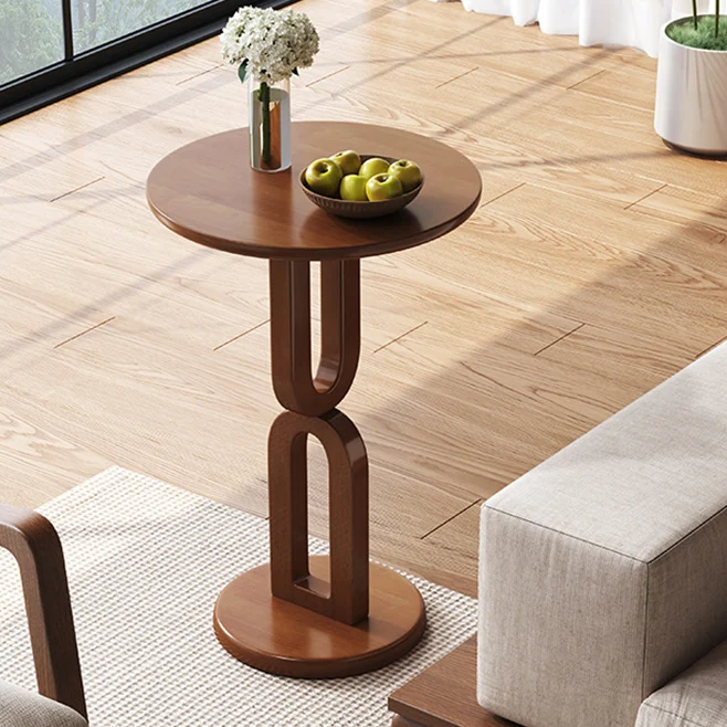 Traditional Vintage Rubber Wood Round U-Shape End Table 1-Tier For Living Room