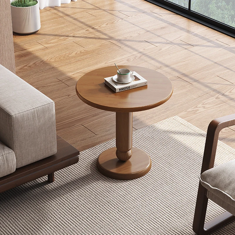 Traditional Vintage Rubber Wood Round Cylinder End Table 1-Tier For Living Room