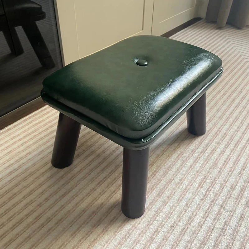 Contemporary Scandinavian Oil Wax Leather Plywood Rectangular Low Stool Backless Armless For Living Room