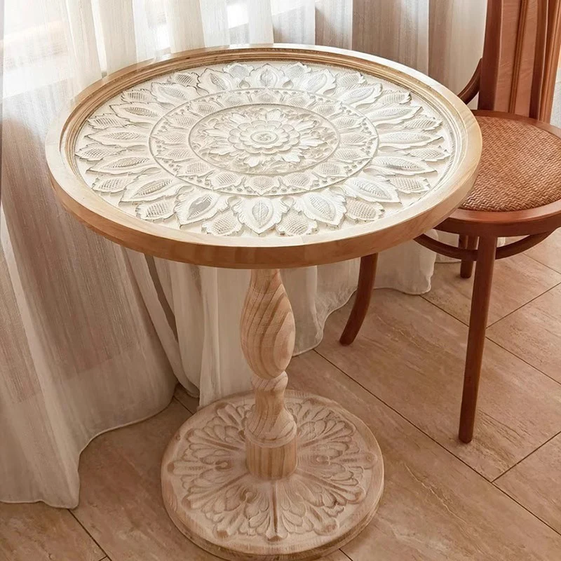 Traditional Vintage Round MDF Cedar Wood Glass Carved End Table For Living Room