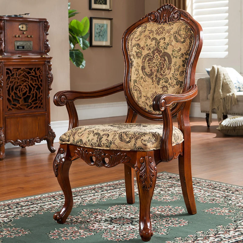 Traditional Vintage Rubberwood Chenille Fabric Sponge Dining Chair Backrest Armrest For Dining Room